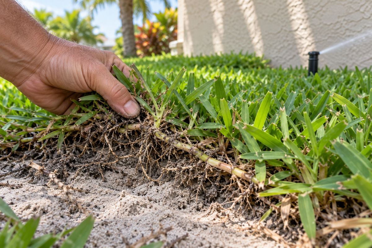 Close view of St. Augustine grass blades and runners in sandy soil