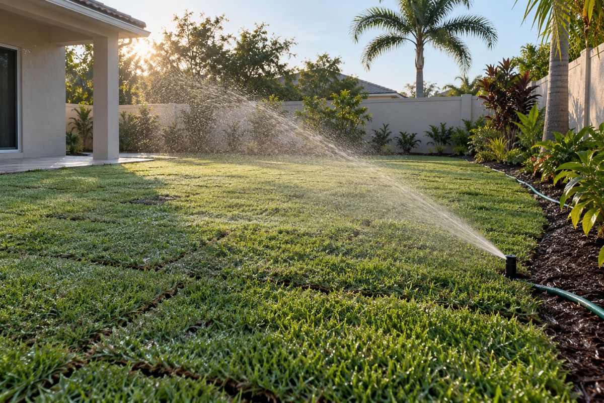 Newly laid sod being watered by a rotor sprinkler at sunrise
