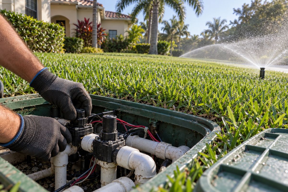 Open irrigation valve box with a rotor sprinkler spraying the lawn behind