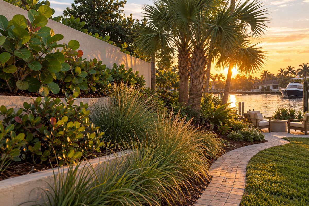 Newly planted waterfront backyard with palms, native shrubs and a curved path