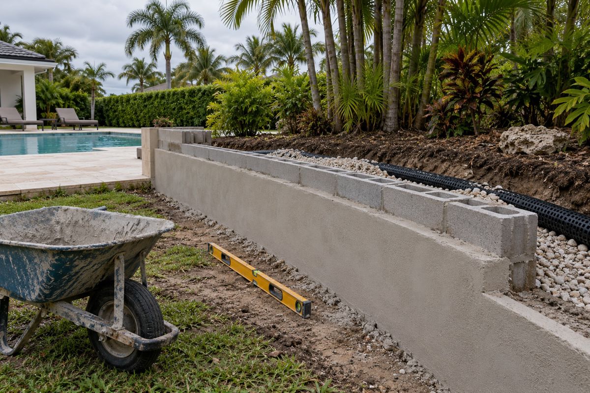 Block retaining wall with gravel backfill and drain pipe in a flat yard