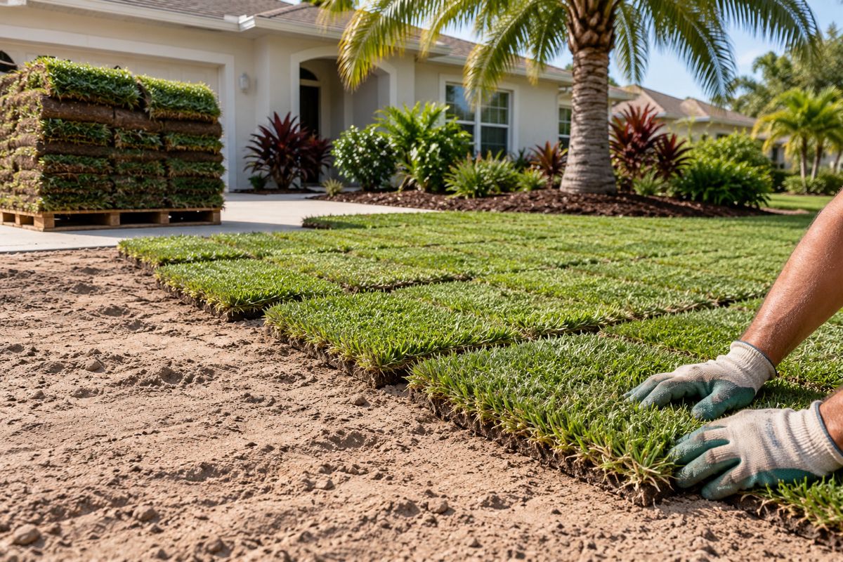 Fresh St. Augustine sod being laid in rows on graded soil